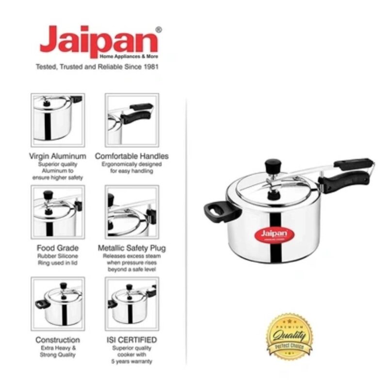 Jaipan Gold Aluminum Pressure Cooker with Inner Lid, 2 litres, Silver - Image 3